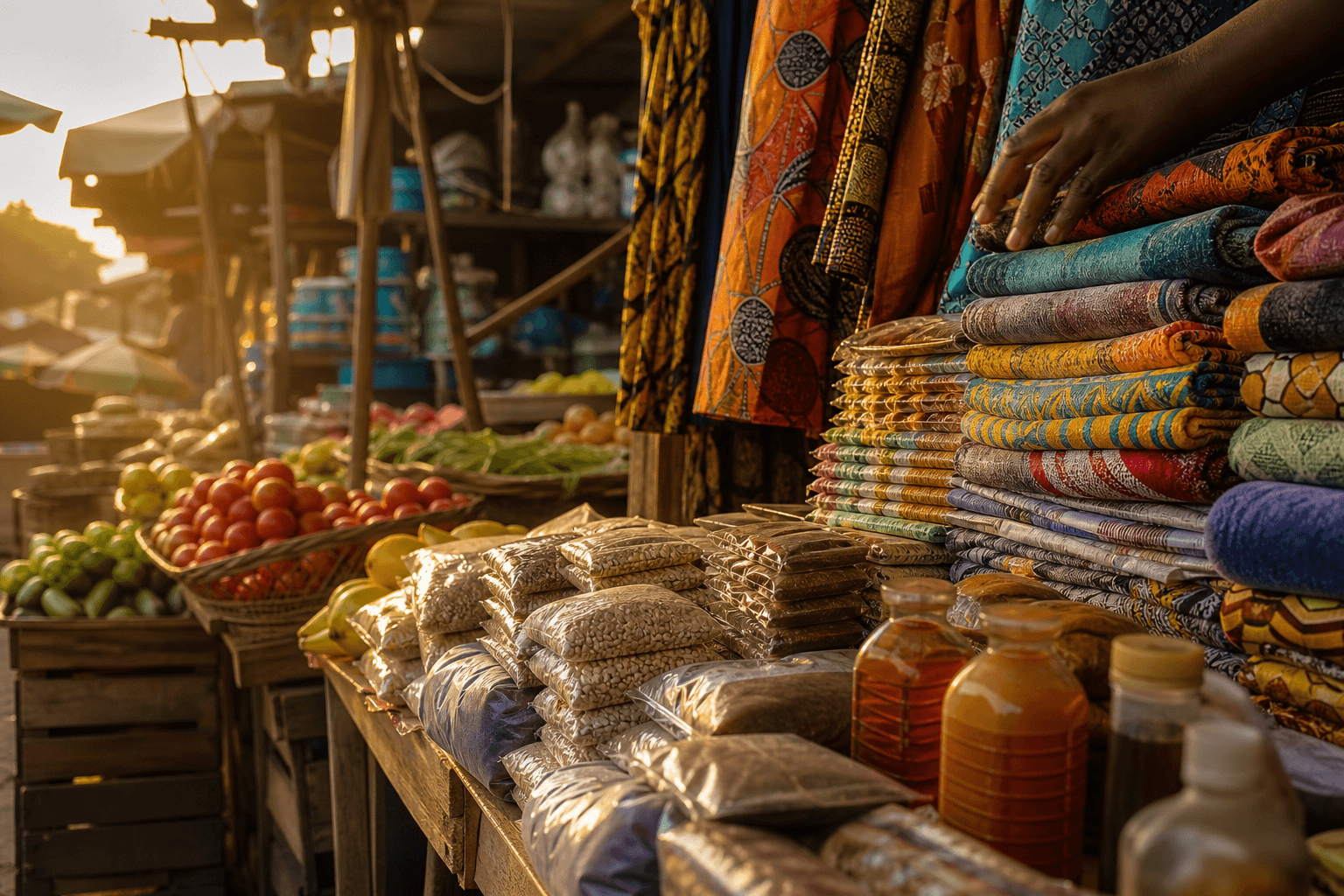 West African market stalls with fabrics and goods