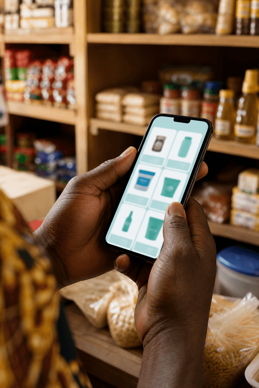 Merchant phone showing an online shop catalogue